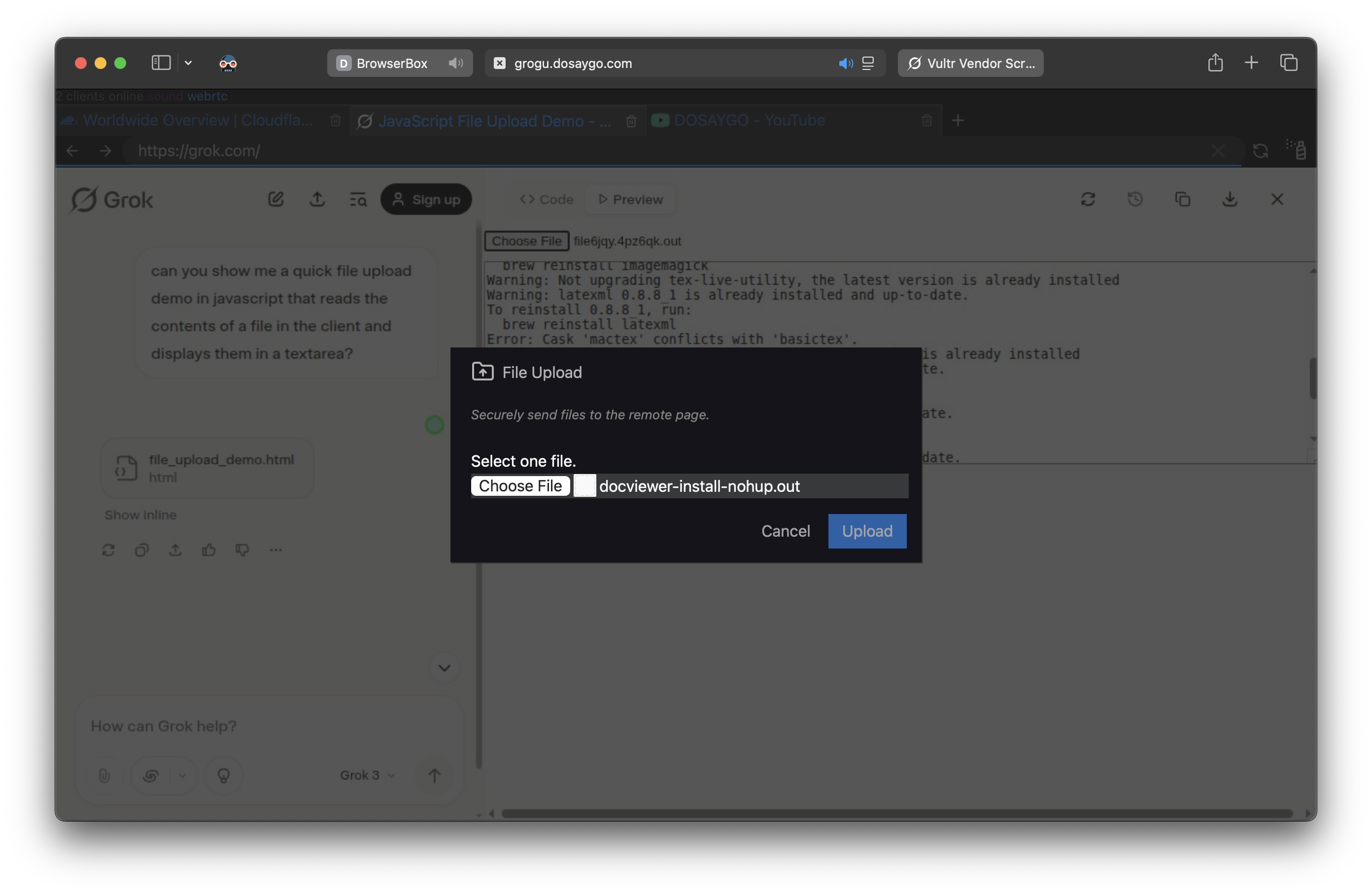 BrowserBox uploads files, and does many other things, just like a normal browser.